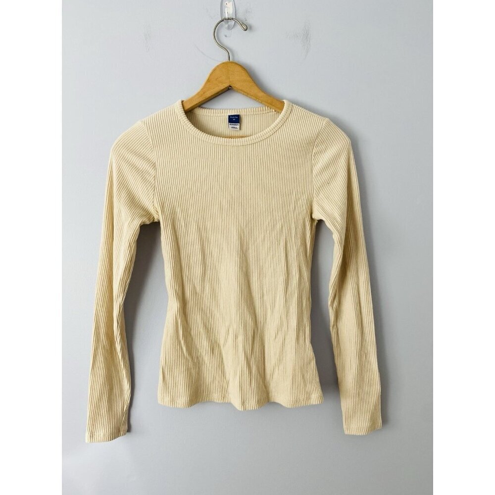 Old Navy Plush Tee Womens XS Fitted Long Sleeve Cozy Plush Rib Knit Shirt Beige